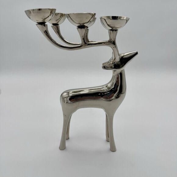 Reindeer Candle Holder Silver Tone 6 Point Metal Christmas Holiday Candelabra - Picture 1 of 8